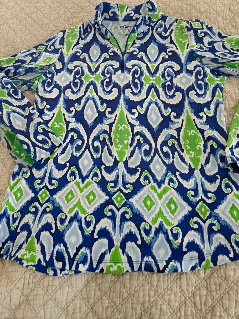 IBKUL Blue & Green Ikat- Print Long Sleeve Small SPF